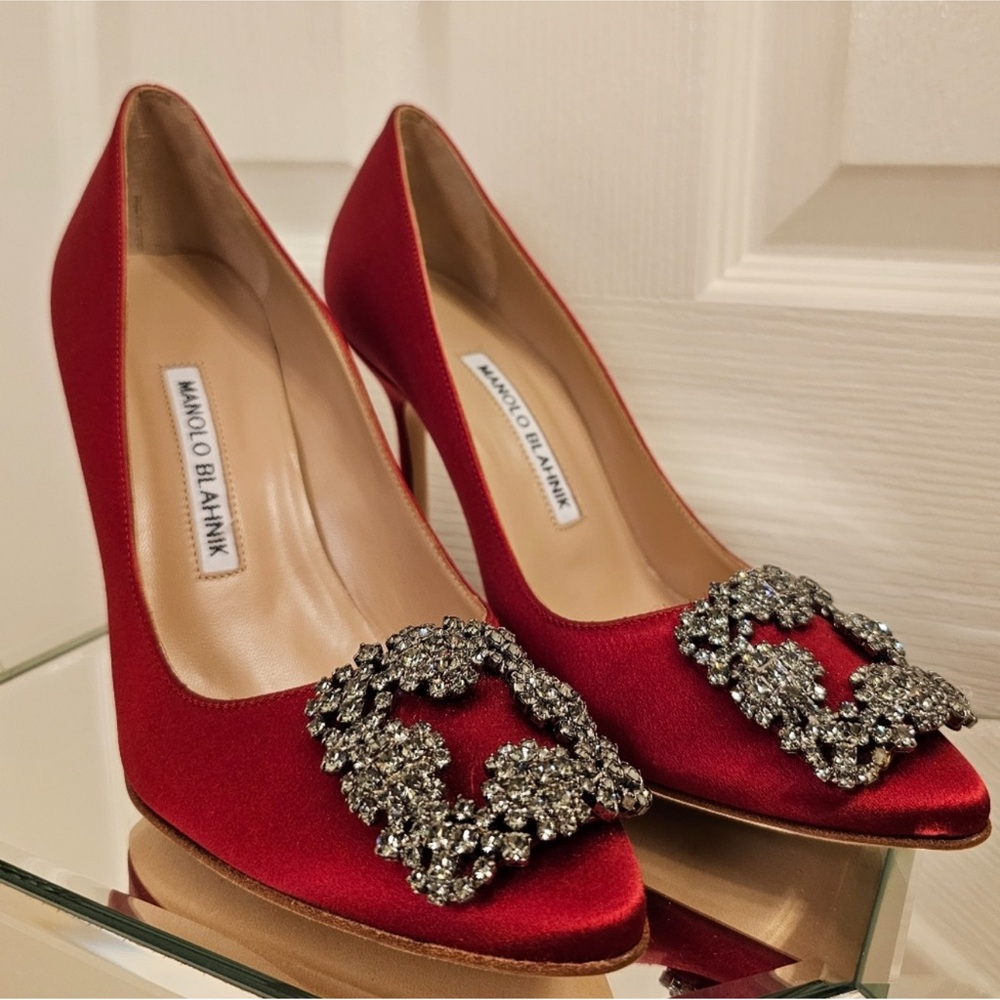 Manolo Blahnik Red Satin Heels with Embellishments